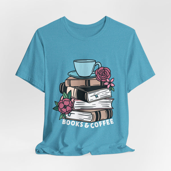 Books & Coffee Tee – Cozy Book Lover Shirt with Floral Mug Design