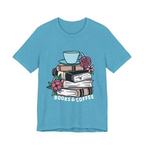 Books & Coffee Tee – Cozy Book Lover Shirt with Floral Mug Design