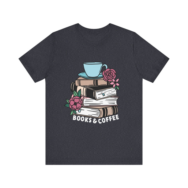 Books & Coffee Tee – Cozy Book Lover Shirt with Floral Mug Design