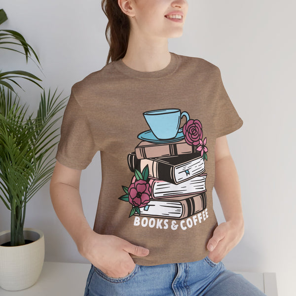 Books & Coffee Tee – Cozy Book Lover Shirt with Floral Mug Design