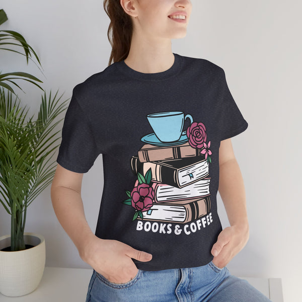 Books & Coffee Tee – Cozy Book Lover Shirt with Floral Mug Design