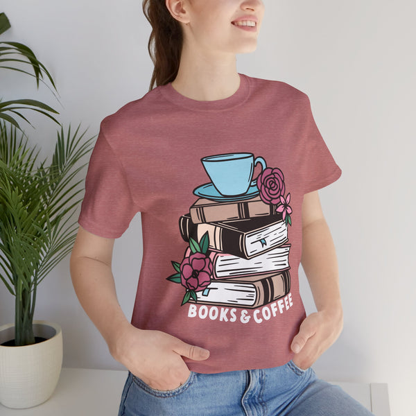 Books & Coffee Tee – Cozy Book Lover Shirt with Floral Mug Design