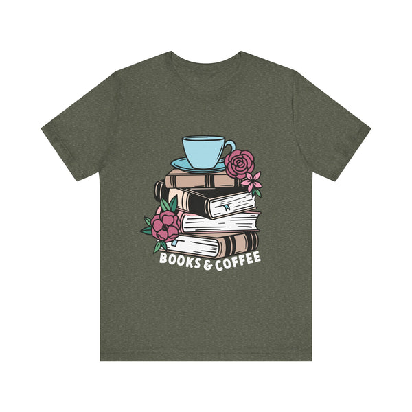 Books & Coffee Tee – Cozy Book Lover Shirt with Floral Mug Design