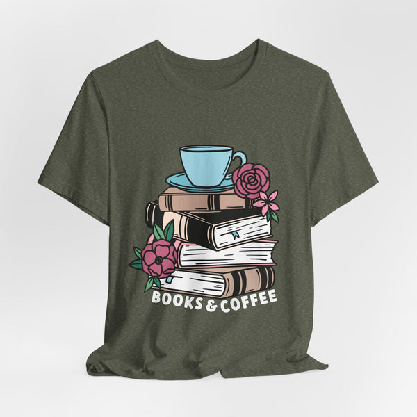Books & Coffee Tee – Cozy Book Lover Shirt with Floral Mug Design