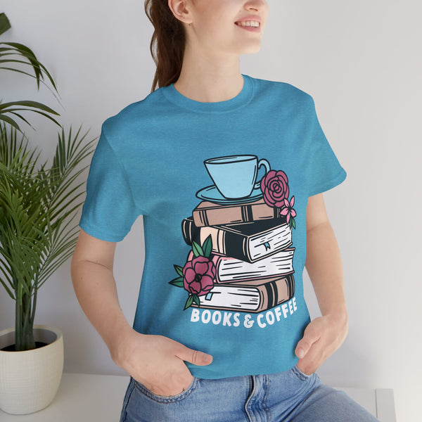 Books & Coffee Tee – Cozy Book Lover Shirt with Floral Mug Design