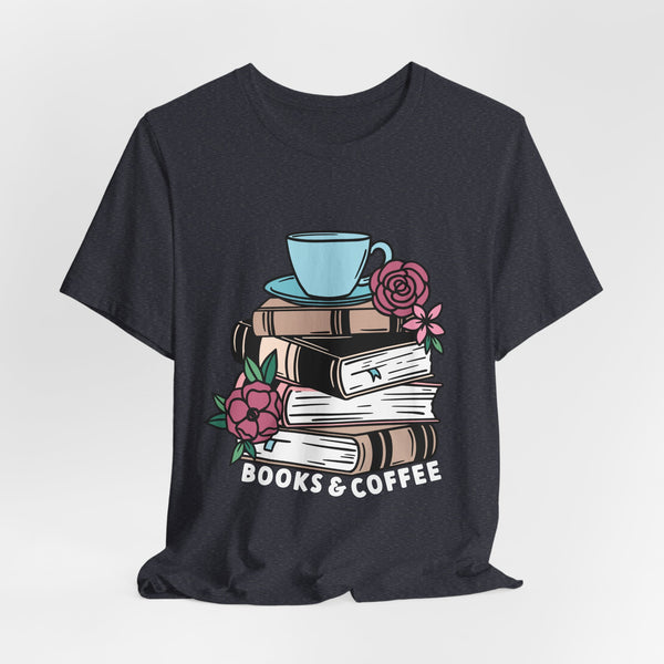 Books & Coffee Tee – Cozy Book Lover Shirt with Floral Mug Design
