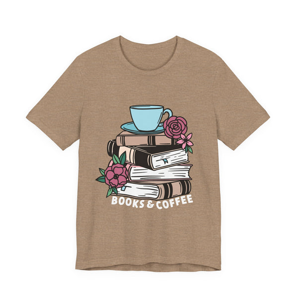 Books & Coffee Tee – Cozy Book Lover Shirt with Floral Mug Design