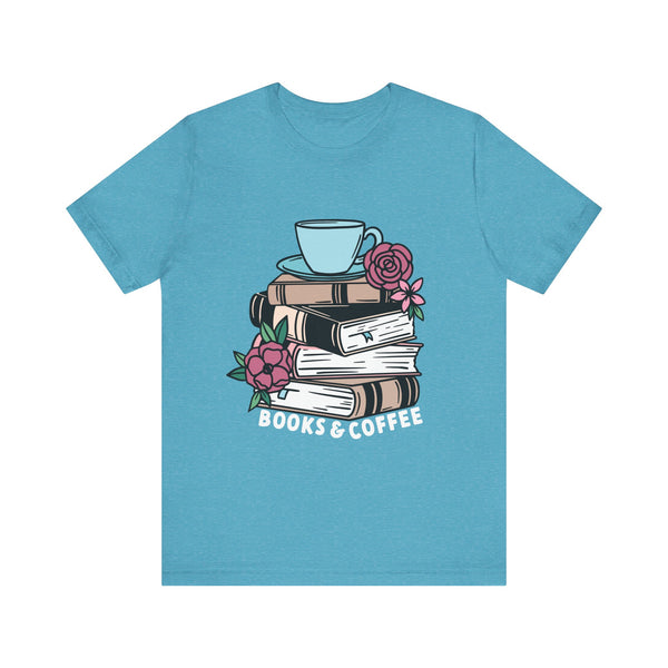 Books & Coffee Tee – Cozy Book Lover Shirt with Floral Mug Design
