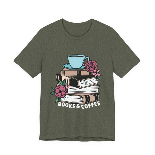 Books & Coffee Tee – Cozy Book Lover Shirt with Floral Mug Design