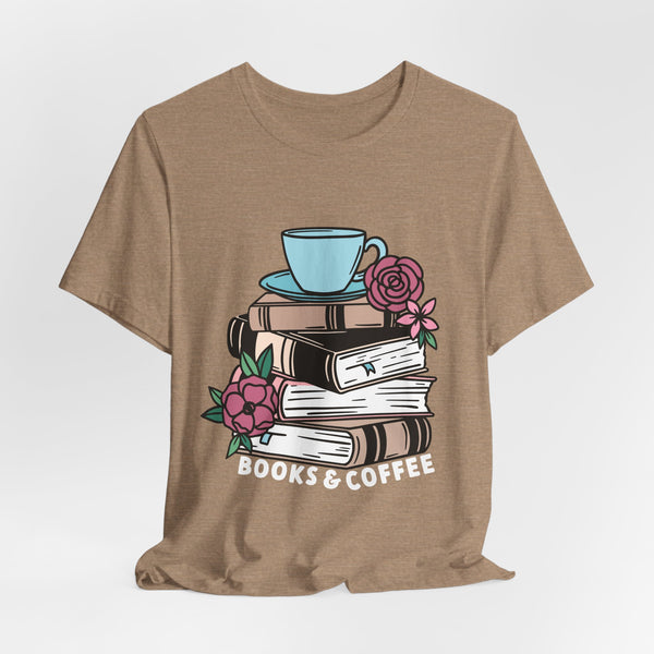 Books & Coffee Tee – Cozy Book Lover Shirt with Floral Mug Design