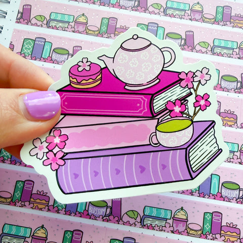 Cherry Blossom Book Stack Vinyl Die Cut Sticker