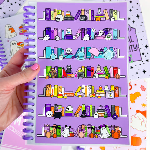 A5 Halloween Bookshelves Purple Coil Reusable Sticker Book