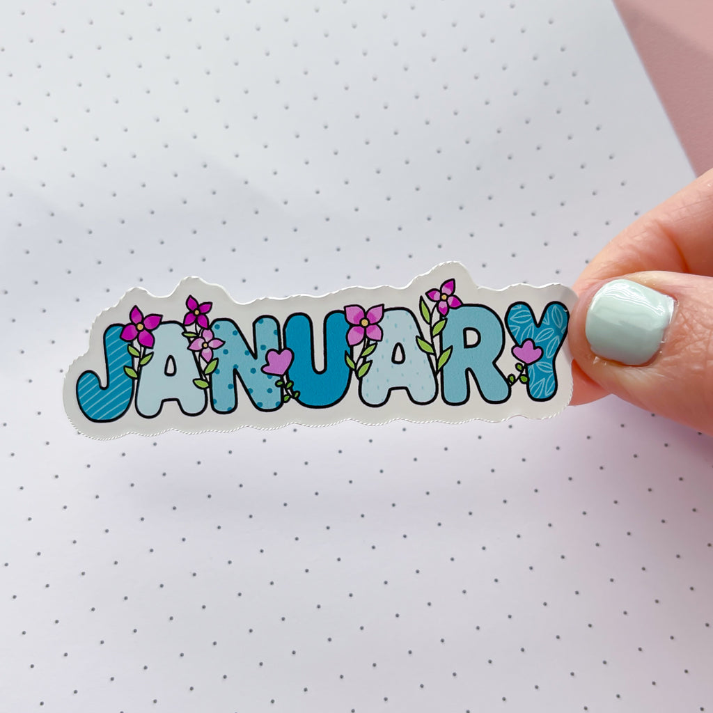 January Floral Word Vinyl Die Cut Sticker