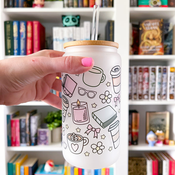 Bookish Doodles Frosted Can Glass