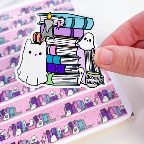 Ghost Cat Book Stack Premium Vinyl Sticker