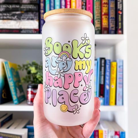 Books Happy Place Frosted Can Glass