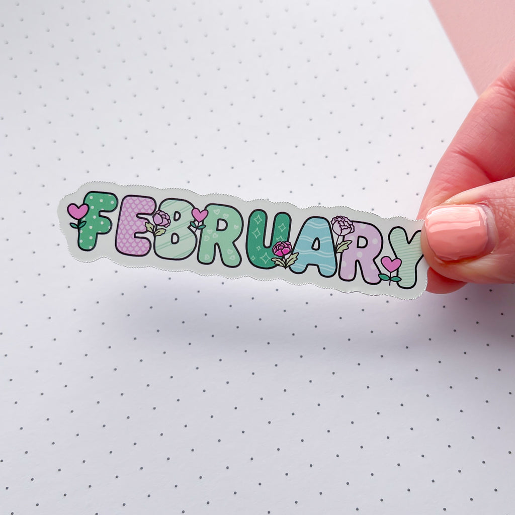 February Floral Word Vinyl Die Cut Sticker