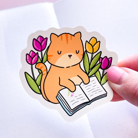 Tulips & Cat Vinyl Die Cut Sticker