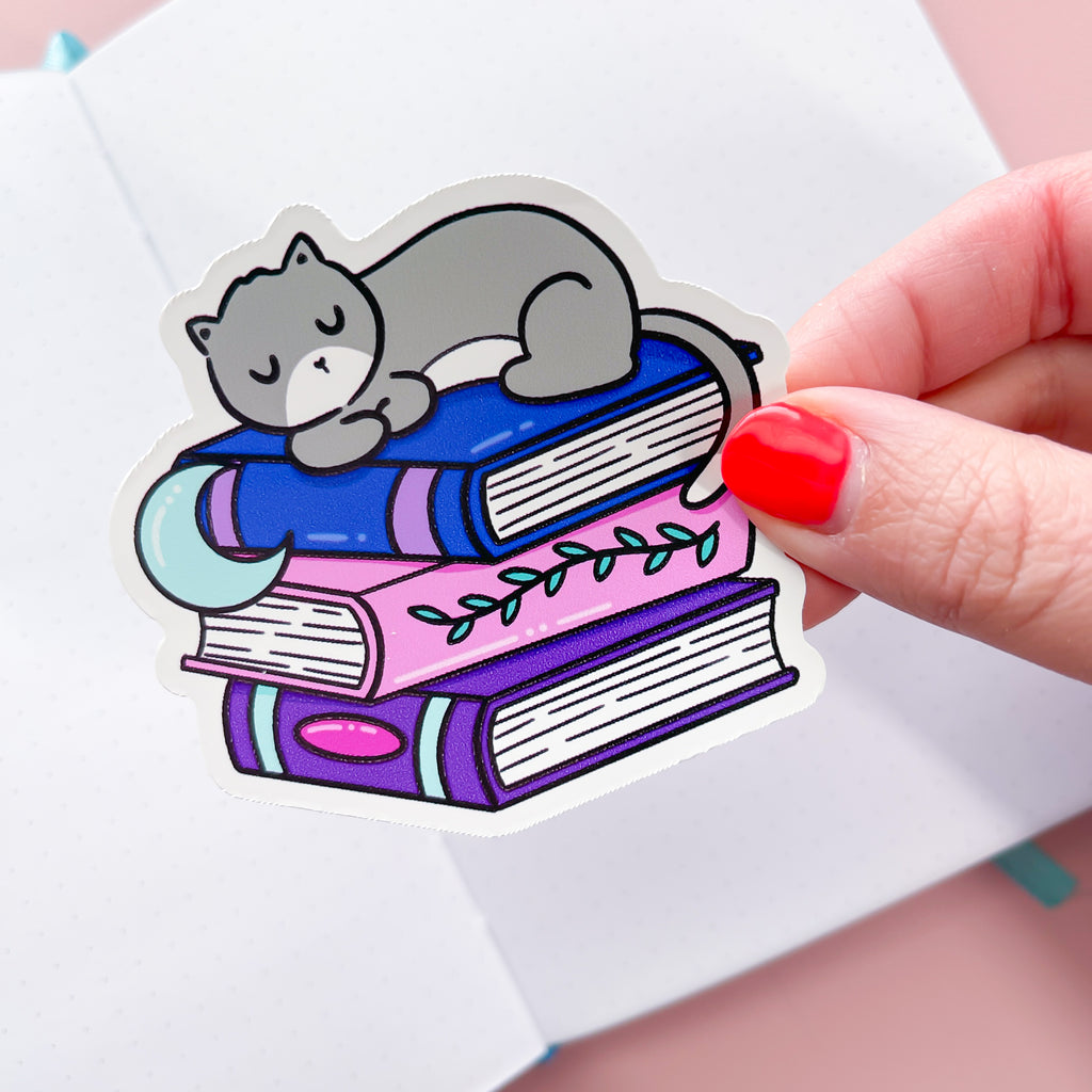 Sleepy Cat Book Stack Vinyl Die Cut Sticker