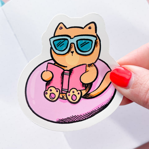 Cat Reading Poolside Vinyl Die Cut Sticker