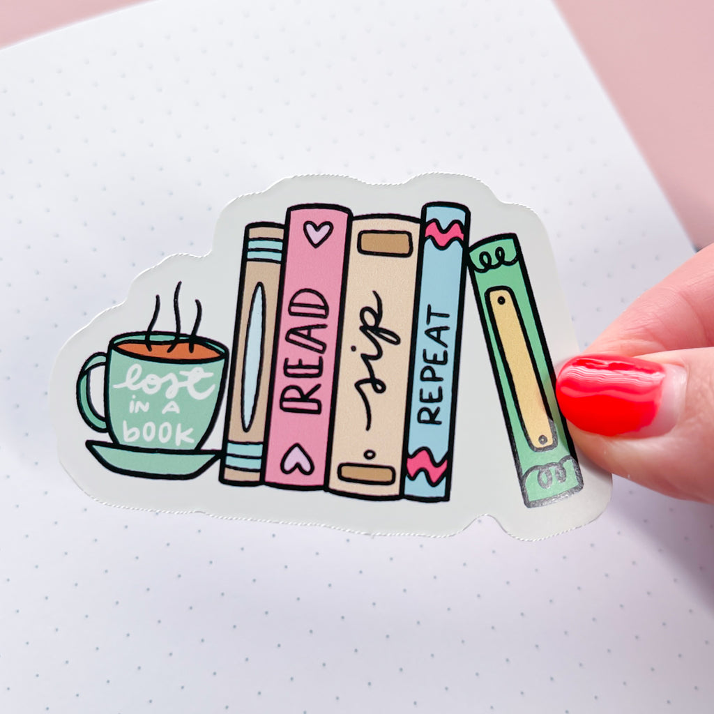 Sticker Sip Read, Sip, Repeat Vinyl Die Cut Sticker – Sweet Bean Plans