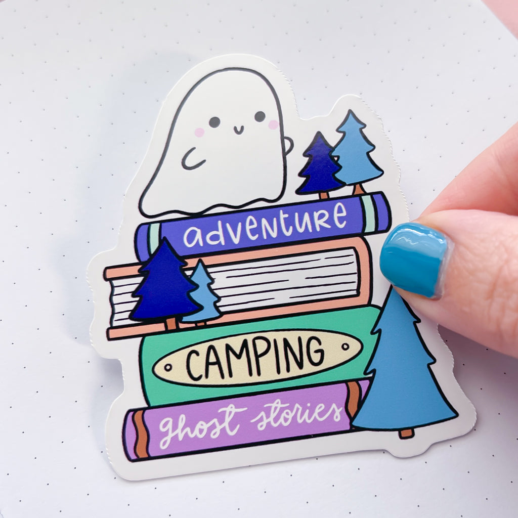 Camping Ghost Book Stack Vinyl Die Cut Sticker