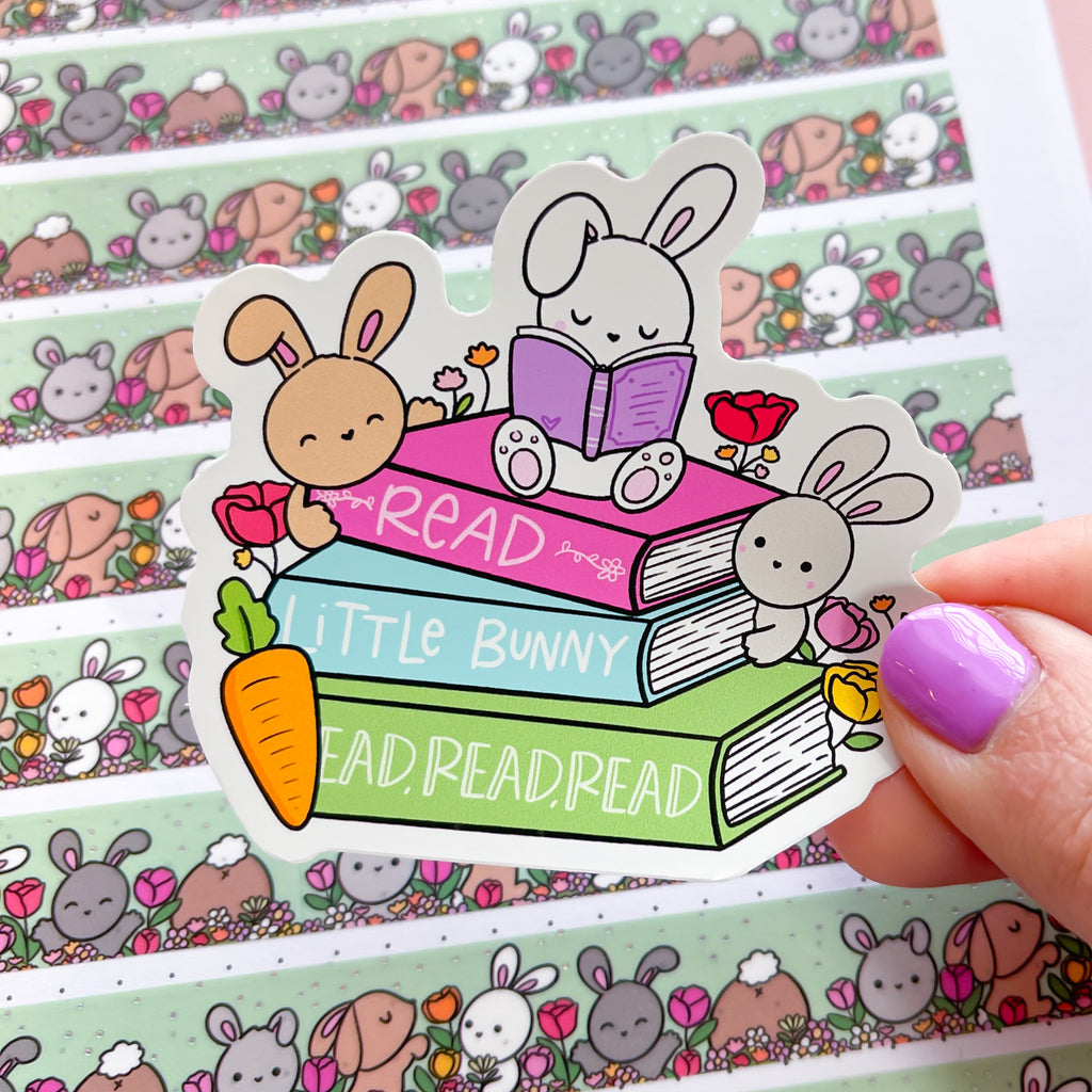 Bunny Spring Book Stack Vinyl Die Cut Sticker