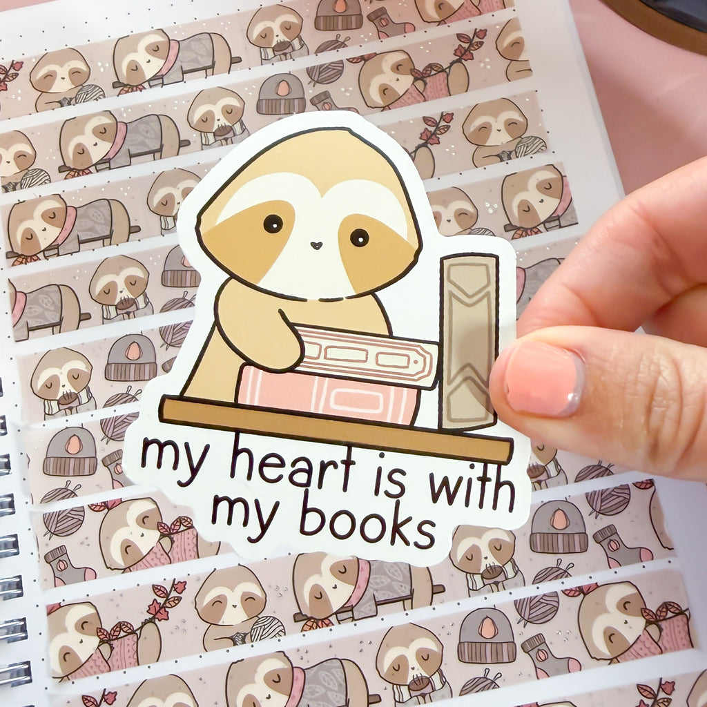 Heart With My Books Sloth Vinyl Die Cut Sticker