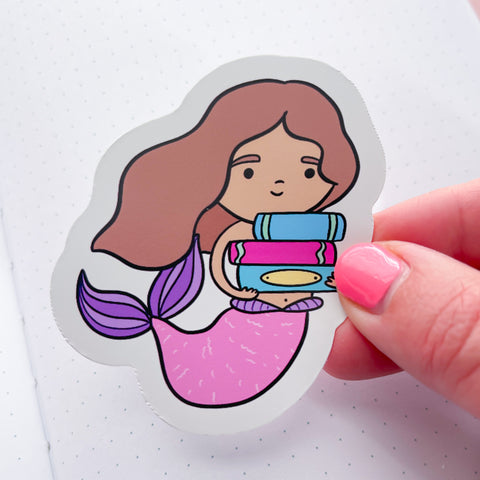Brunette Bookish Mermaid Vinyl Die Cut Sticker
