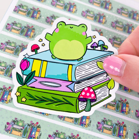 Hoppy Frog Book Stack Vinyl Die Cut Sticker