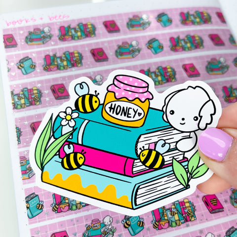 Honey Bee Book Stack Vinyl Die Cut Sticker