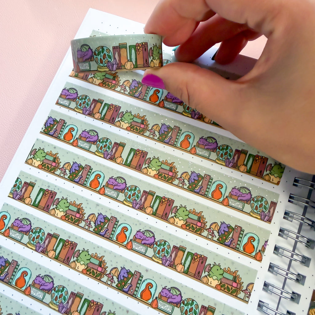 Holo Foil Cozy Dragon Bookshelf Washi Tape (15mm)