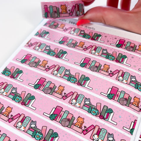 Holo Foil Summer Cats Bookshelf Washi Tape (15mm)