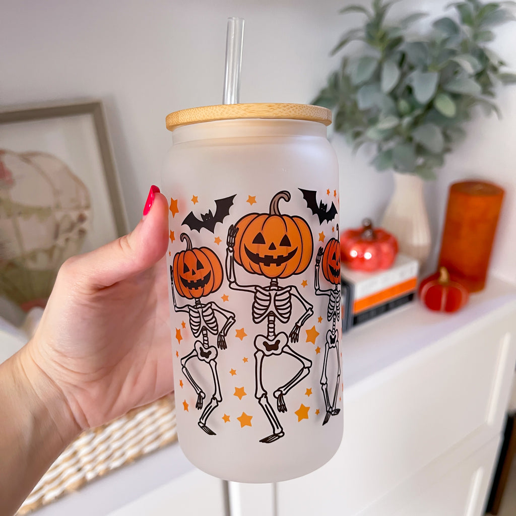 Pumpkin Skeletons Halloween Frosted Can Glass