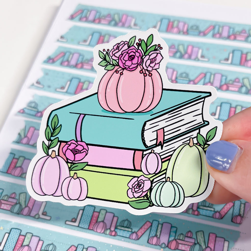 Pastel Pumpkin Book Stack Vinyl Die Cut Sticker