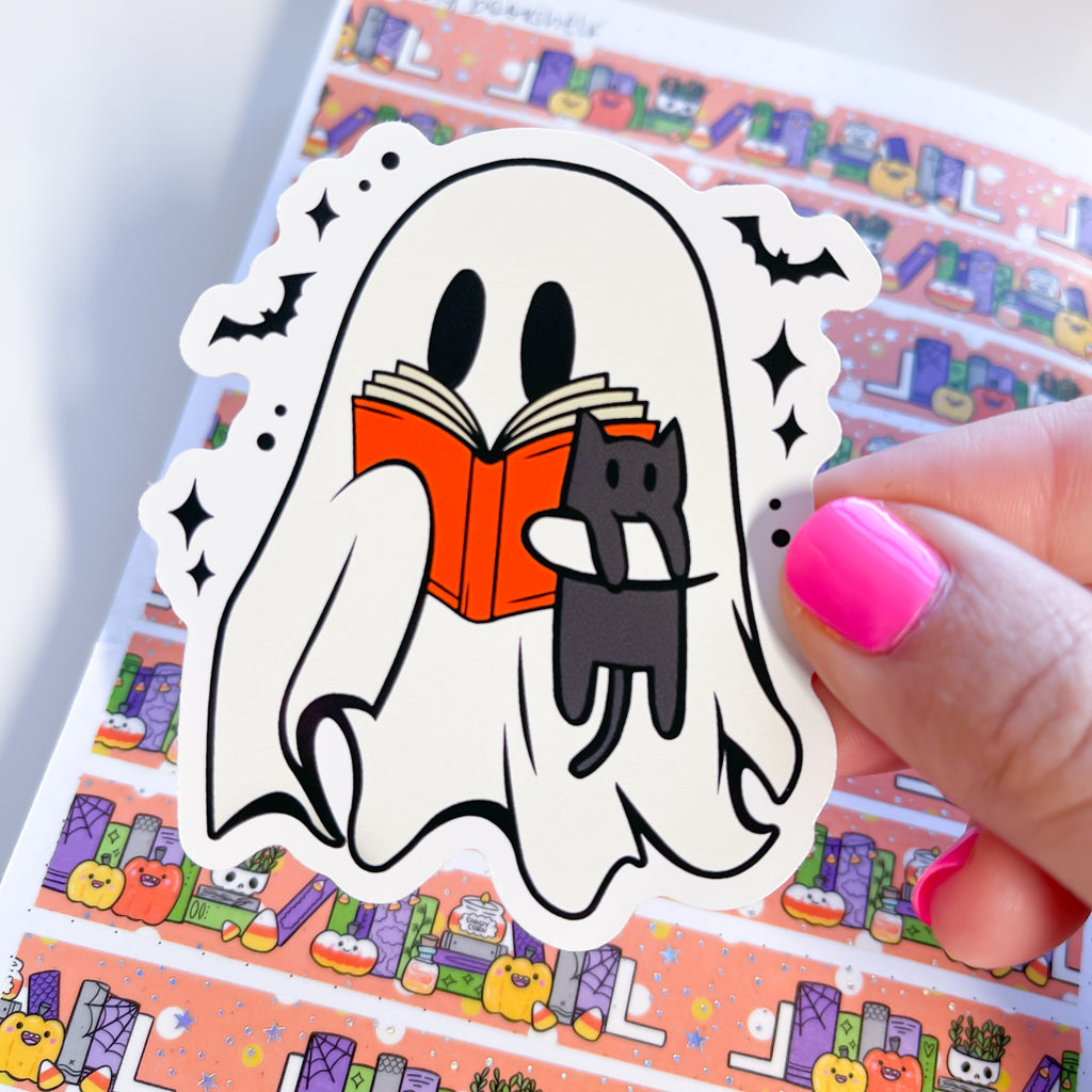 Reading Ghost + Cat Halloween Vinyl Die Cut Sticker