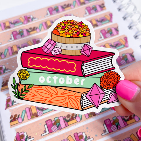 October Book Stack Vinyl Die Cut Sticker