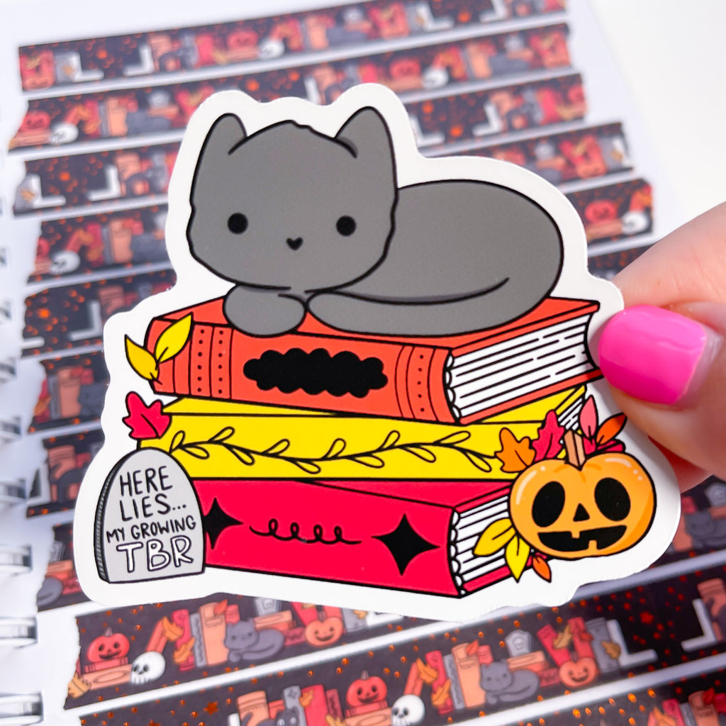 Black Cat Book Stack Vinyl Die Cut Sticker