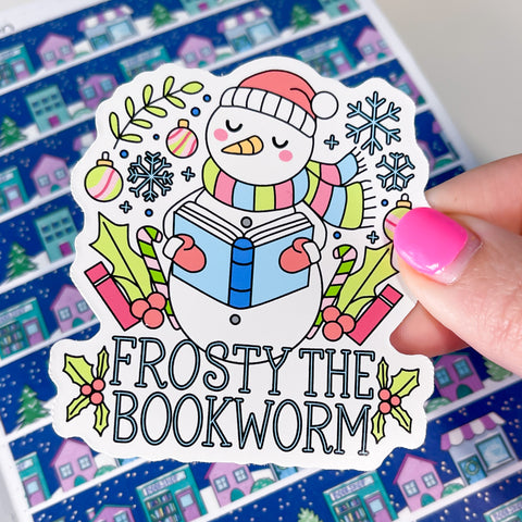 Frosty Bookworm Vinyl Die Cut Sticker