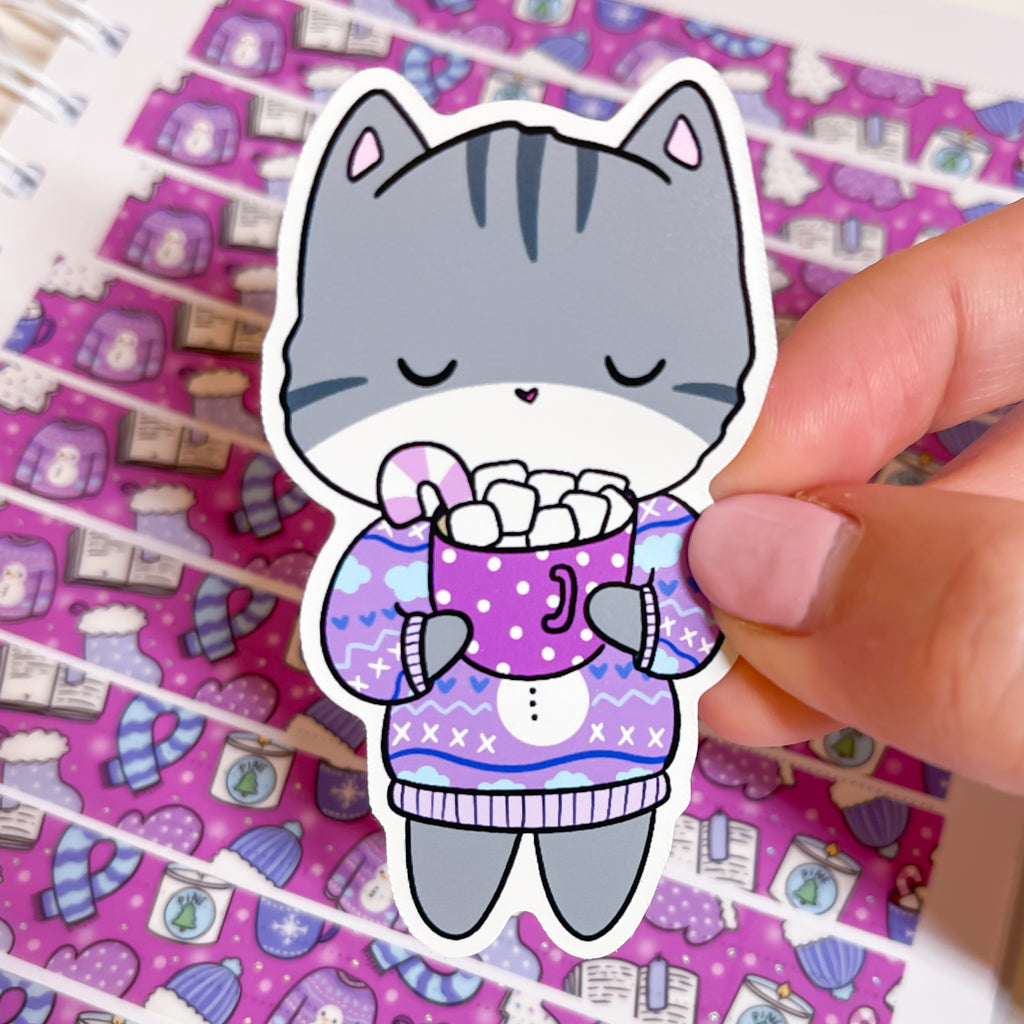 Winter Cocoa Cat Vinyl Die Cut Sticker