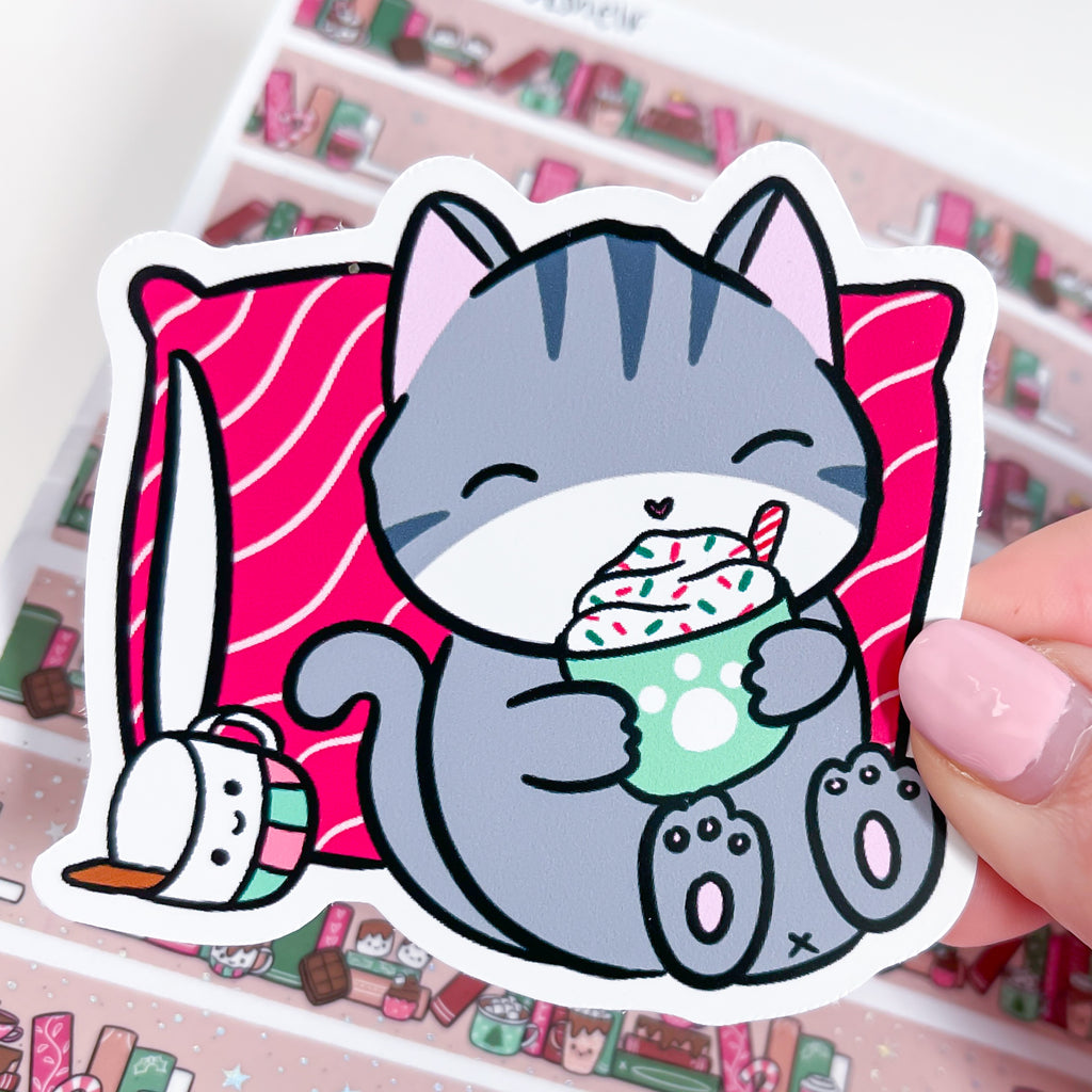 Hot Cocoa Cat Vinyl Die Cut Sticker