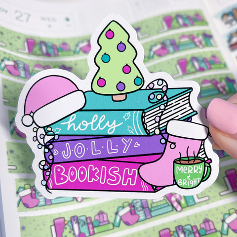 Holly Jolly Book Stack Vinyl Die Cut Sticker