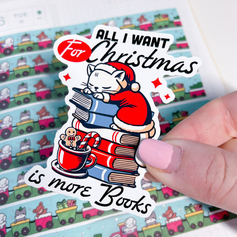 Christmas Cat Book Stack Vinyl Die Cut Sticker