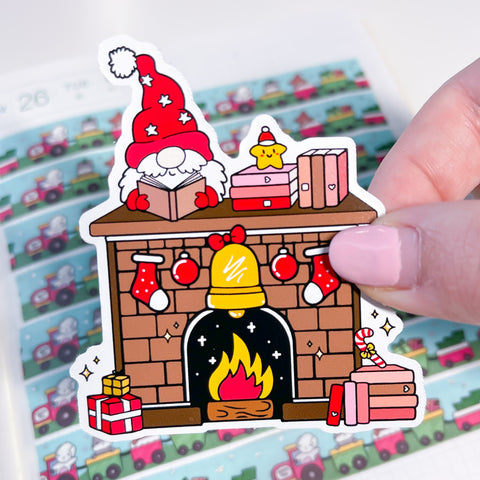 Xmas Gnome Fireplace Vinyl Die Cut Sticker