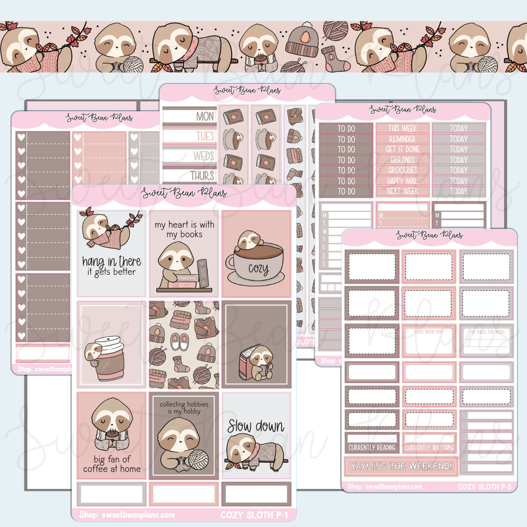 Cozy Sloth Weekly Kit Vinyl Planner Stickers