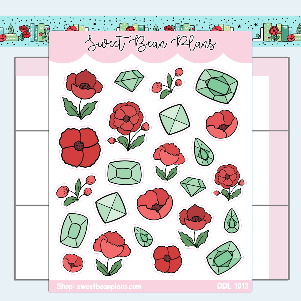 August Gemstone and Floral Doodles Vinyl Planner Stickers | Ddl 1013