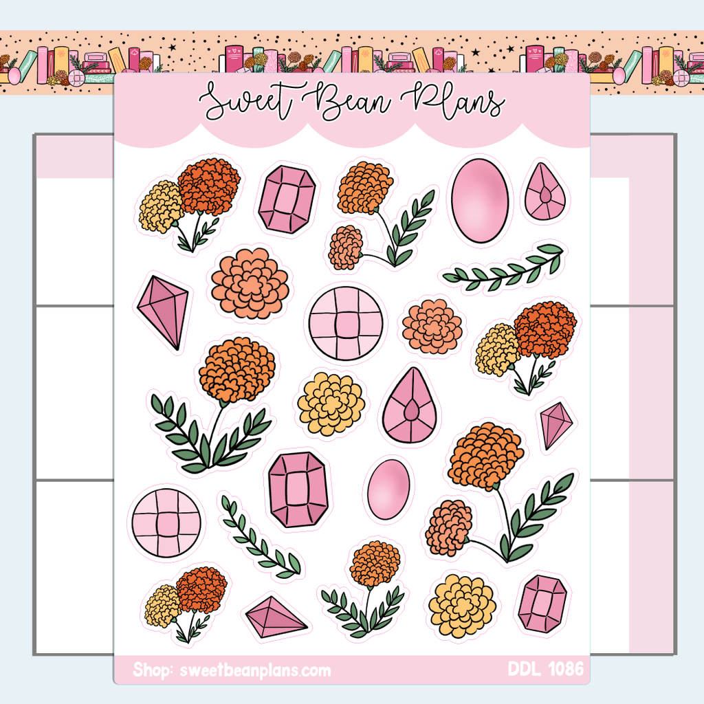 October Gemstone and Floral Doodles Vinyl Planner Stickers | Ddl 1086