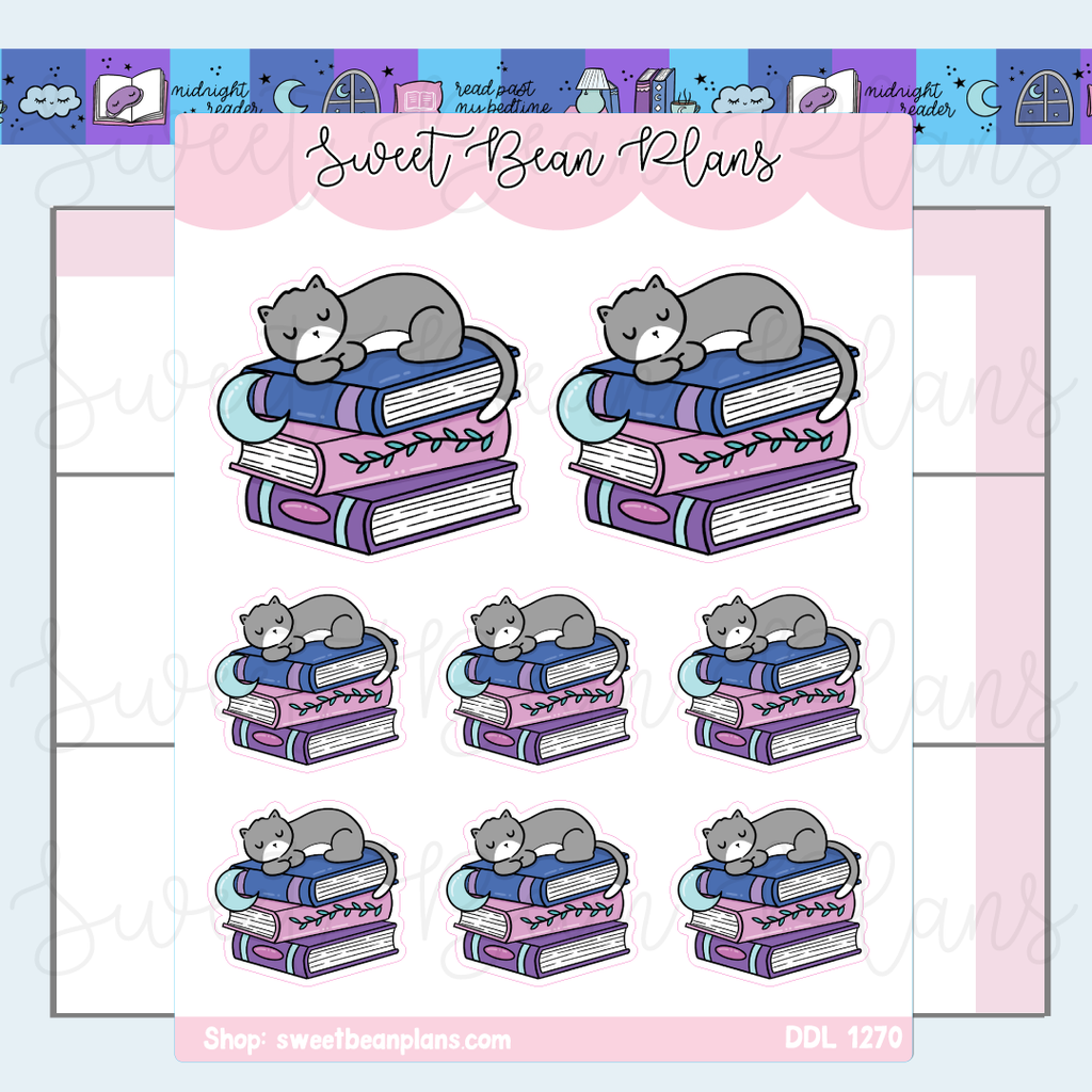 Sleepy Cat Book Stack Vinyl Planner Stickers | Ddl 1270