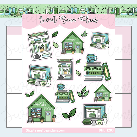 Matcha Bookish Doodles Vinyl Planner Stickers | Ddl 1283