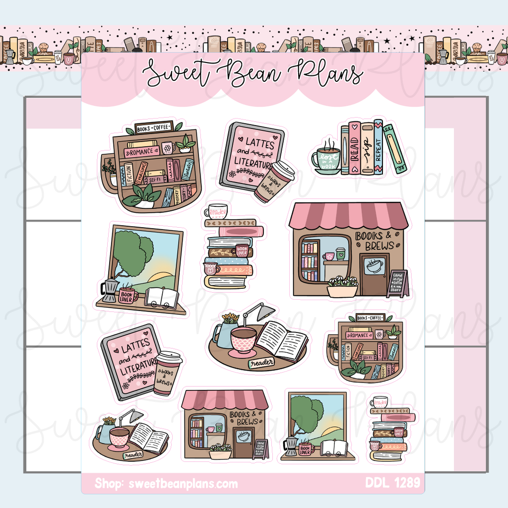 Bookish Coffee Doodles Vinyl Planner Stickers | Ddl 1289